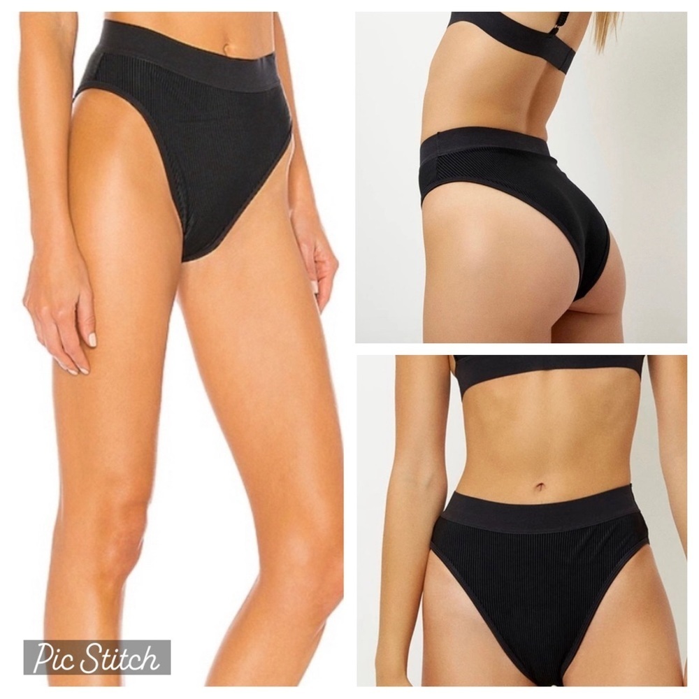Frankie’s Bikinis Gabrielle Ribbed Black High Waisted Bikini‎ Bottoms Small